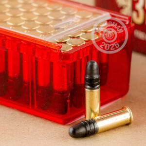 Photograph of .22 Long Rifle ammo with Lead Round Nose (LRN) ideal for Subsonic, training at the range.