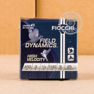 Photo detailing the 410 BORE FIOCCHI 3" 11/16 OZ. #9 SHOT (25 ROUNDS) for sale at AmmoMan.com.