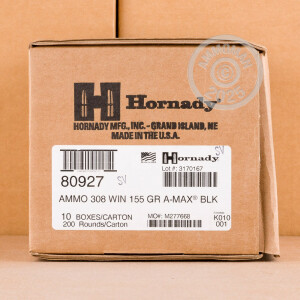 Photo detailing the 308 WIN HORNADY BLACK 155 GRAIN A-MAX (200 ROUNDS) for sale at AmmoMan.com.