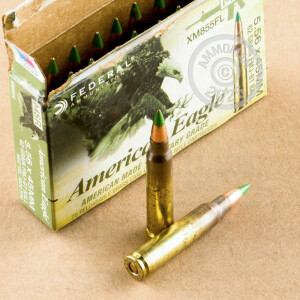 Photograph showing detail of 5.56X45MM FEDERAL AMERICAN EAGLE 62 GRAIN XM855 FMJBT (20 ROUNDS)