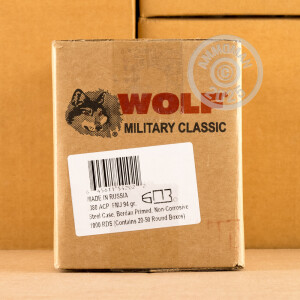 Photo detailing the 380 AUTO WOLF MILITARY CLASSIC 94 GRAIN FULL METAL JACKET (50 ROUNDS) for sale at AmmoMan.com.