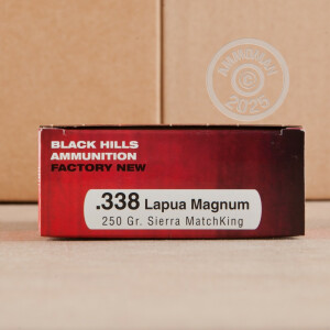 Photo detailing the 338 LAPUA MAGNUM BLACK HILLS 250 GRAIN MATCHKING HPBT (20 ROUNDS) for sale at AmmoMan.com.