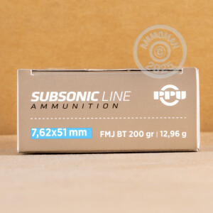 Photo detailing the 7.62X51MM PRVI PARTIZAN SUBSONIC 200 GRAIN FMJBT (200 ROUNDS) for sale at AmmoMan.com.