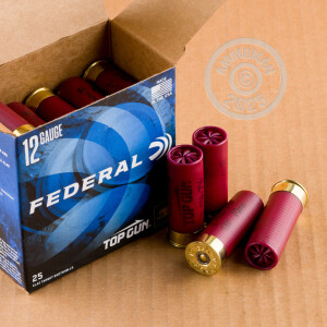 Photo detailing the 12 GAUGE 2 3/4" FEDERAL TOP GUN 1 1/8 OZ #7.5 LEAD SHOT (250 ROUNDS) for sale at AmmoMan.com.