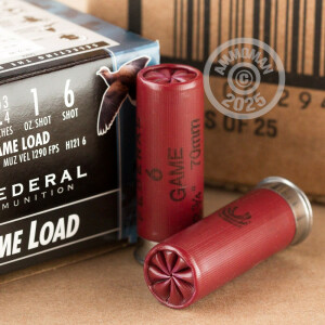 Photo detailing the 12 GAUGE FEDERAL GAME SHOK 2 3/4" 1 OZ. #6 SHOT (25 ROUNDS) for sale at AmmoMan.com.