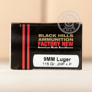 Photograph showing detail of 9MM +P LUGER BLACK HILLS 115 GRAIN JHP (20 ROUNDS)