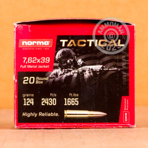 An image of 7.62 x 39 ammo made by Norma at AmmoMan.com.