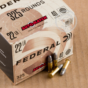 Photograph showing detail of 22 LR FEDERAL AUTOMATCH TARGET 40 GRAIN LEAD ROUND NOSE #AM22 (325 ROUNDS)