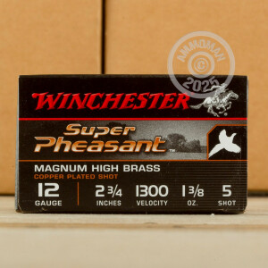 Photo detailing the 12 GAUGE WINCHESTER SUPER PHEASANT 2-3/4" 1-3/8 OZ. #5 SHOT (250 ROUNDS) for sale at AmmoMan.com.