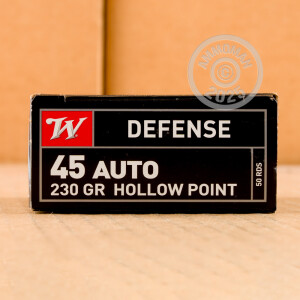 A photograph of 500 rounds of 230 grain .45 Automatic ammo with a JHP bullet for sale.