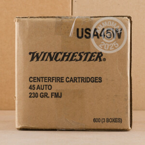 Photo detailing the 45 ACP WINCHESTER RANGE PACK 230 GRAIN FMJ (600 ROUNDS) for sale at AmmoMan.com.