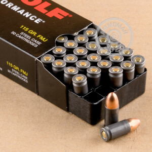 Image of 9mm Luger ammo by Wolf that's ideal for training at the range.