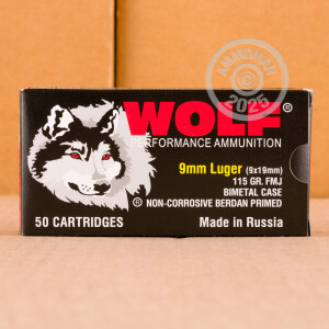 Photo detailing the 9MM WOLF 115 GRAIN FMJ (1350 ROUNDS) **STEEL CASES** for sale at AmmoMan.com.