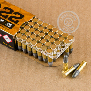 Photograph of .22 Long Rifle ammo with Lead Round Nose (LRN) ideal for Subsonic, training at the range.