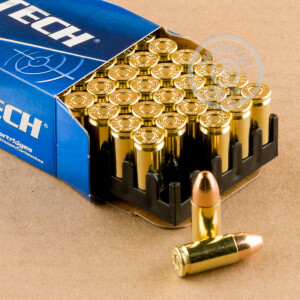 A photograph of 50 rounds of 115 grain 9mm Luger ammo with a FMJ bullet for sale.