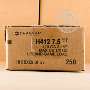 Image of the 410 BORE FEDERAL GAME LOAD UPLAND HI-BRASS 2-1/2" 1/2 OZ. #7.5 SHOT (250 ROUNDS) available at AmmoMan.com.