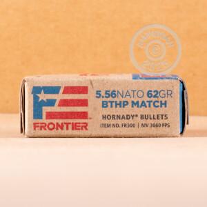 Photograph showing detail of 5.56X45 HORNADY FRONTIER 62 GRAIN BTHP MATCH (20 ROUNDS)