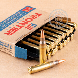 Photo detailing the 5.56X45 HORNADY FRONTIER 62 GRAIN BTHP MATCH (20 ROUNDS) for sale at AmmoMan.com.