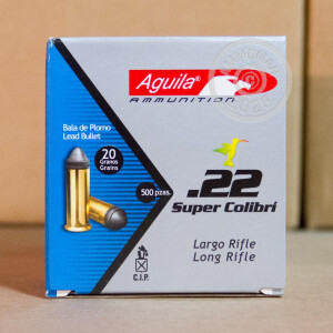 Photo detailing the .22 LR AGUILA SUPER COLIBRI 20 GRAIN LRN (500 ROUNDS) for sale at AmmoMan.com.