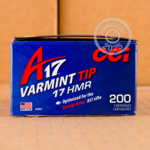 Photo detailing the 17 HMR CCI A17 17 GRAIN VARMINT TIP (200 ROUNDS) for sale at AmmoMan.com.