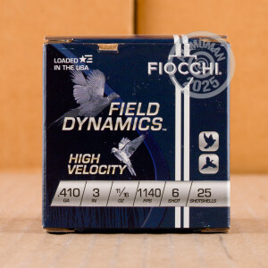 Photo detailing the 410 BORE FIOCCHI 3" 11/16 OZ. #6 SHOT (25 ROUNDS) for sale at AmmoMan.com.