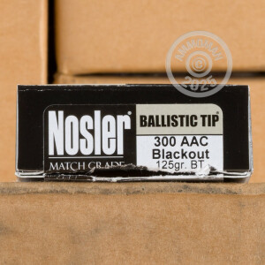 Photo detailing the 300 AAC BLACKOUT NOSLER MATCH GRADE 125 GRAIN BALLISTIC TIP (20 ROUNDS) for sale at AmmoMan.com.