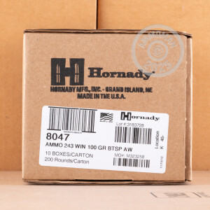 Photo detailing the 243 WIN HORNADY AMERICAN WHITETAIL 100 GRAIN INTERLOCK SP (200 ROUNDS) for sale at AmmoMan.com.