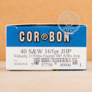 Image of the 40 S&W CORBON 165 GRAIN JHP (20 ROUNDS) available at AmmoMan.com.