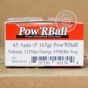 Photograph showing detail of 45 ACP +P CORBON POW'RBALL 165 GRAIN HP (20 ROUNDS)