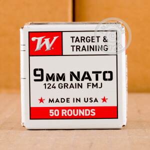 Photo detailing the 9MM NATO WINCHESTER 124 GRAIN FMJ (1000 ROUNDS) for sale at AmmoMan.com.