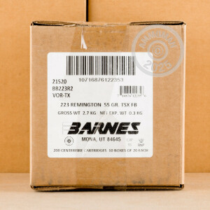 A photograph of 20 rounds of 55 grain 223 Remington ammo with a TSX bullet for sale.
