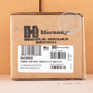 Photograph showing detail of 308 WIN HORNADY MATCH 168 GRAIN ELD MATCH (20 ROUNDS)