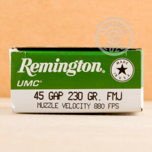 Photograph showing detail of .45 GAP REMINGTON UMC 230 GRAIN MC (50 ROUNDS)