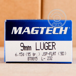 A photograph detailing the 9mm Luger ammo with Jacketed Soft-Point (JSP) bullets made by Magtech.