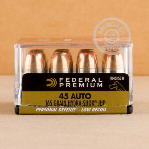 Photo detailing the 45 ACP FEDERAL PREMIUM HYDRA SHOK 165 GRAIN JHP (20 ROUNDS) for sale at AmmoMan.com.