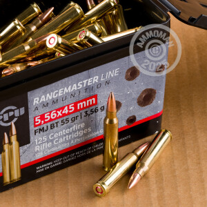 Photograph showing detail of 5.56X45 PRVI PARTIZAN RANGEMASTER 55 GRAIN FMJBT (500 ROUNDS)