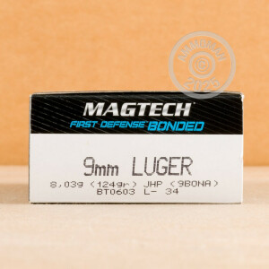 Photo detailing the 9MM LUGER MAGTECH FIRST DEFENSE 124 GRAIN BONDED JHP (1000 ROUNDS) for sale at AmmoMan.com.