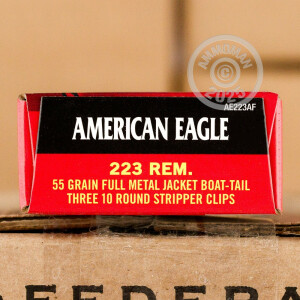 Photo detailing the .223 REMINGTON FEDERAL AMERICAN EAGLE 55 GRAIN FMJ-BT (30 ROUNDS) for sale at AmmoMan.com.