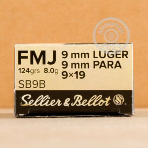 An image of 9mm Luger ammo made by Sellier & Bellot at AmmoMan.com.