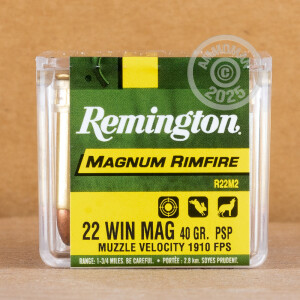 Photograph showing detail of 22 WMR REMINGTON MAGNUM RIMFIRE 40 GRAIN PSP (500 ROUNDS)