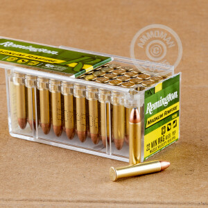 Photo detailing the 22 WMR REMINGTON MAGNUM RIMFIRE 40 GRAIN PSP (500 ROUNDS) for sale at AmmoMan.com.