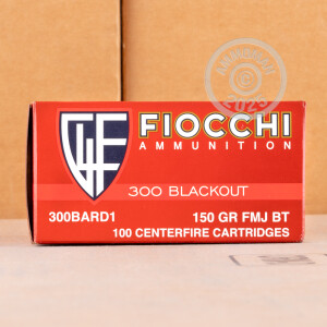 A photograph of 100 rounds of 150 grain 300 AAC Blackout ammo with a FMJ-BT bullet for sale.