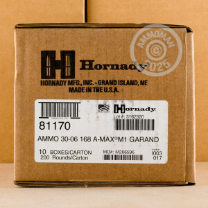 Image of the 30-06 HORNADY MATCH M1 GARAND 168 GRAIN A-MAX (20 ROUNDS) available at AmmoMan.com.