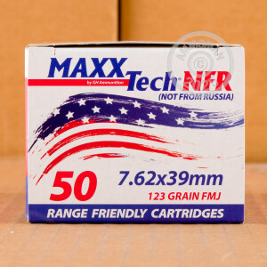 A photograph detailing the 7.62 x 39 ammo with FMJ bullets made by MaxxTech.