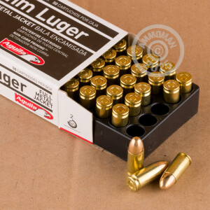 A photograph detailing the 9mm Luger ammo with FMJ bullets made by Aguila.