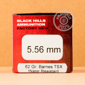 Photograph showing detail of 5.56x45MM NATO BLACK HILLS AMMUNITION BARNES 62 GRAIN TSX (50 ROUNDS)