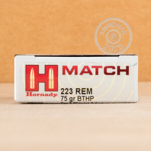 Photo detailing the 223 REMINGTON HORNADY MATCH 75 GRAIN HPBT (20 ROUNDS) for sale at AmmoMan.com.