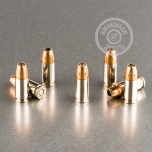 A photograph of 200 rounds of 150 grain 9mm Luger ammo with a JHP bullet for sale.