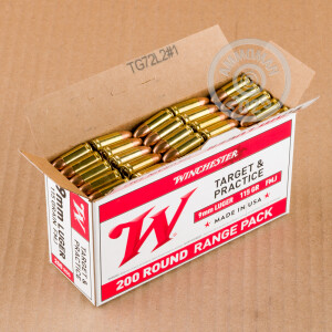 A photograph detailing the 9mm Luger ammo with FMJ bullets made by Winchester.