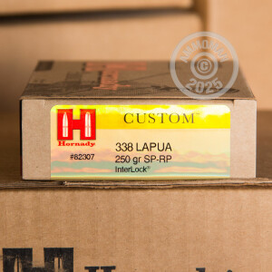 Image of Hornady 338 Lapua Magnum rifle ammunition.